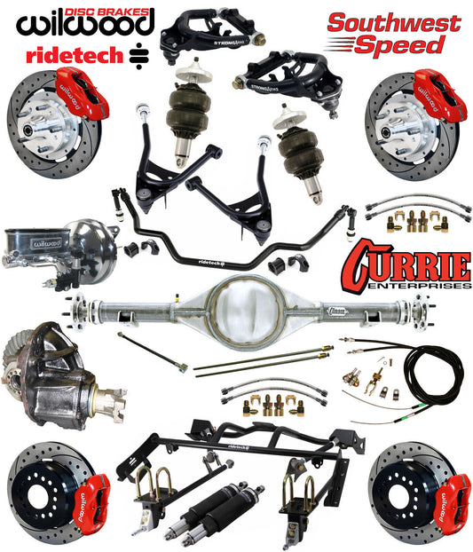 AIR RIDE & 4-LINK SYSTEM,CURRIE REAR END,WILWOOD 12" DRILLED BRAKES,RED,67-70