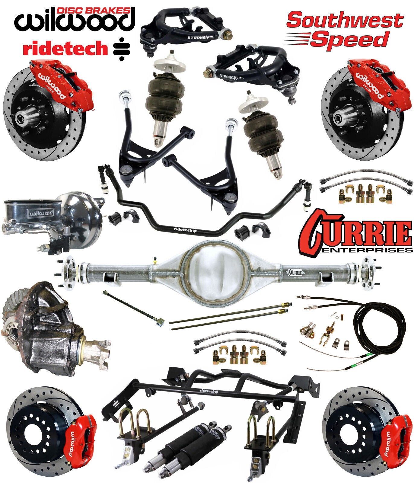 AIR RIDE & 4-LINK SYSTEM,CURRIE REAR END,WILWOOD 13"/12" DRILLED,RED,67-70 FORD