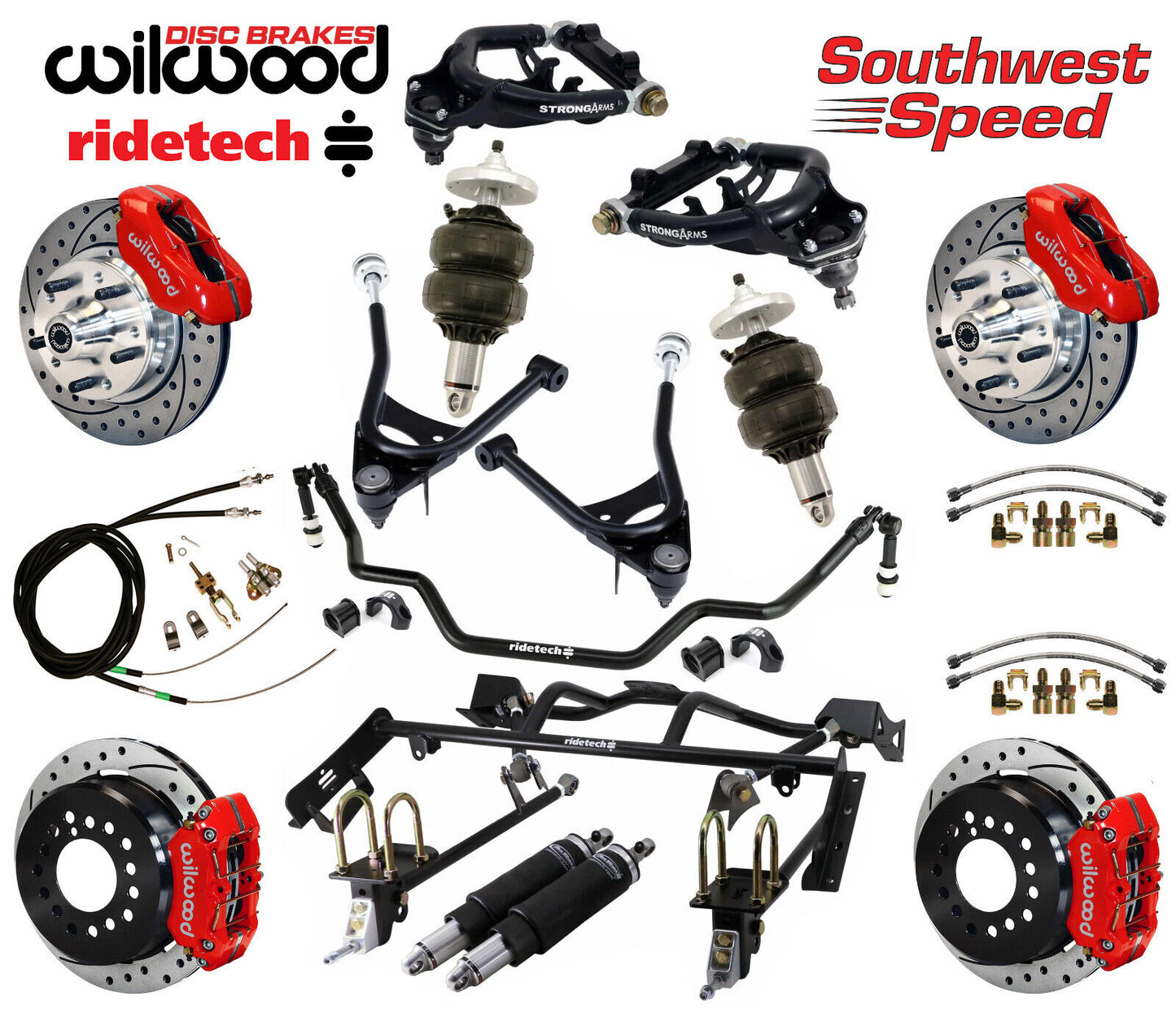 AIR RIDE & 4-LINK SYSTEM,ARMS,WILWOOD 11" DRILLED BRAKES,RED CALIPERS,67-70 COUG