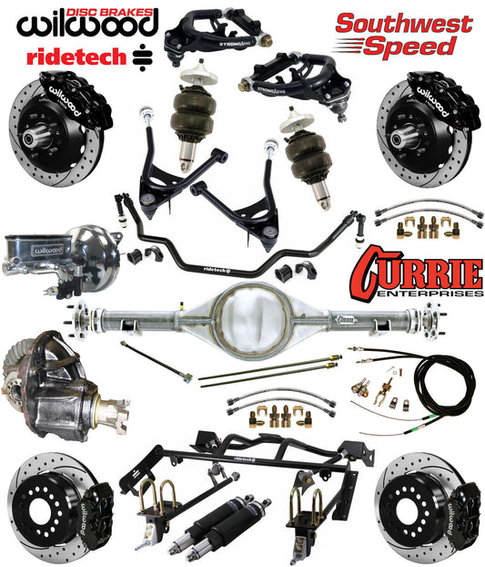 AIR RIDE & 4-LINK SYSTEM,CURRIE REAR END,WILWOOD 13"/12" DRILLED,BLACK,67-70