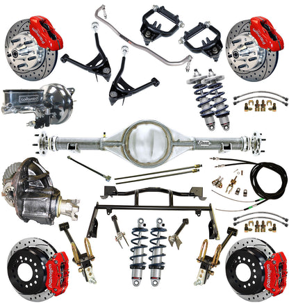 COILOVER & 4-LINK SYSTEM,CURRIE REAR END,WILWOOD 11" DRILLED BRAKES,RED,67-70