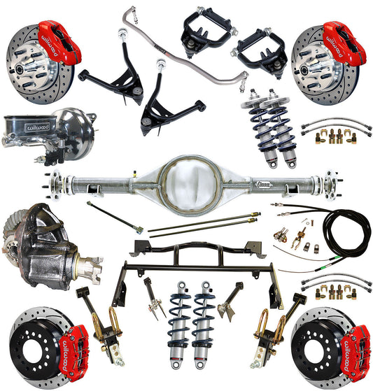 COILOVER & 4-LINK SYSTEM,CURRIE REAR END,WILWOOD 11" DRILLED BRAKES,RED,67-70