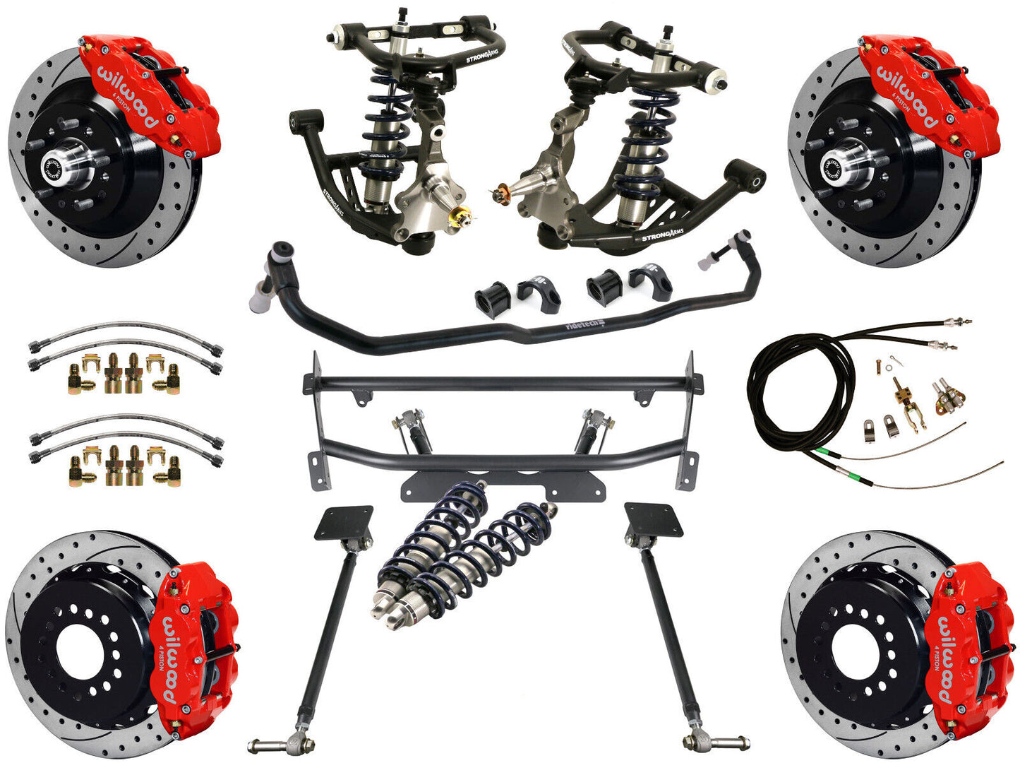 COILOVER & 4-LINK SYSTEM,WILWOOD 13" DRILLED BRAKES,RED CALIPERS,68-74 NOVA