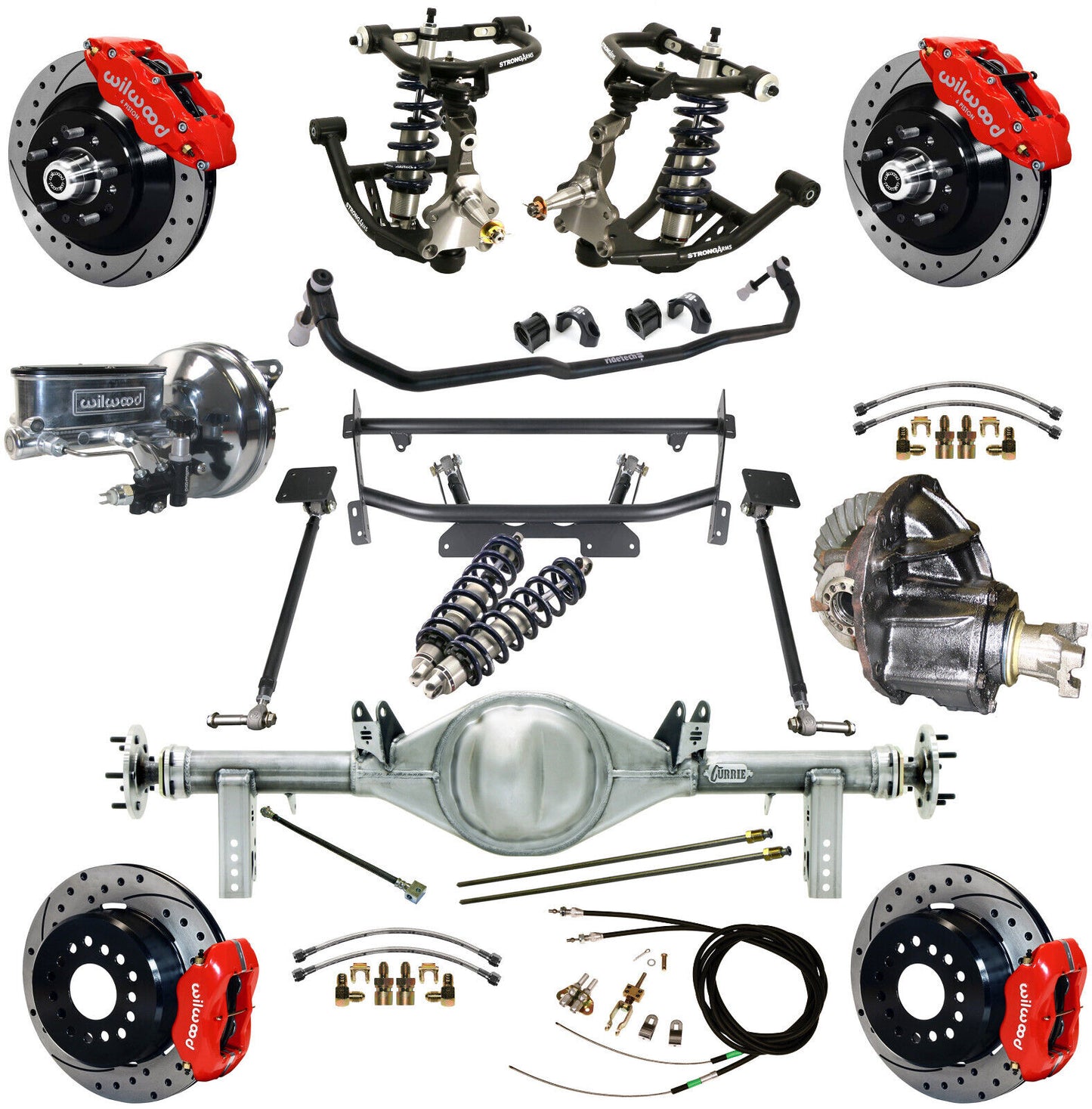 COILOVER & 4-LINK SYSTEM,CURRIE REAR END,WILWOOD 13"/12" DRILLED,RED,68-74 NOVA