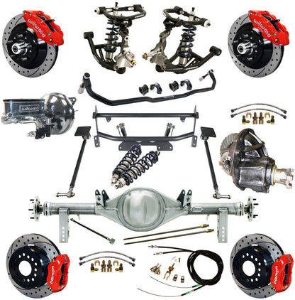 COILOVER & 4-LINK SYSTEM,CURRIE REAR END,WILWOOD 13"/12" DRILLED,RED,68-74 NOVA