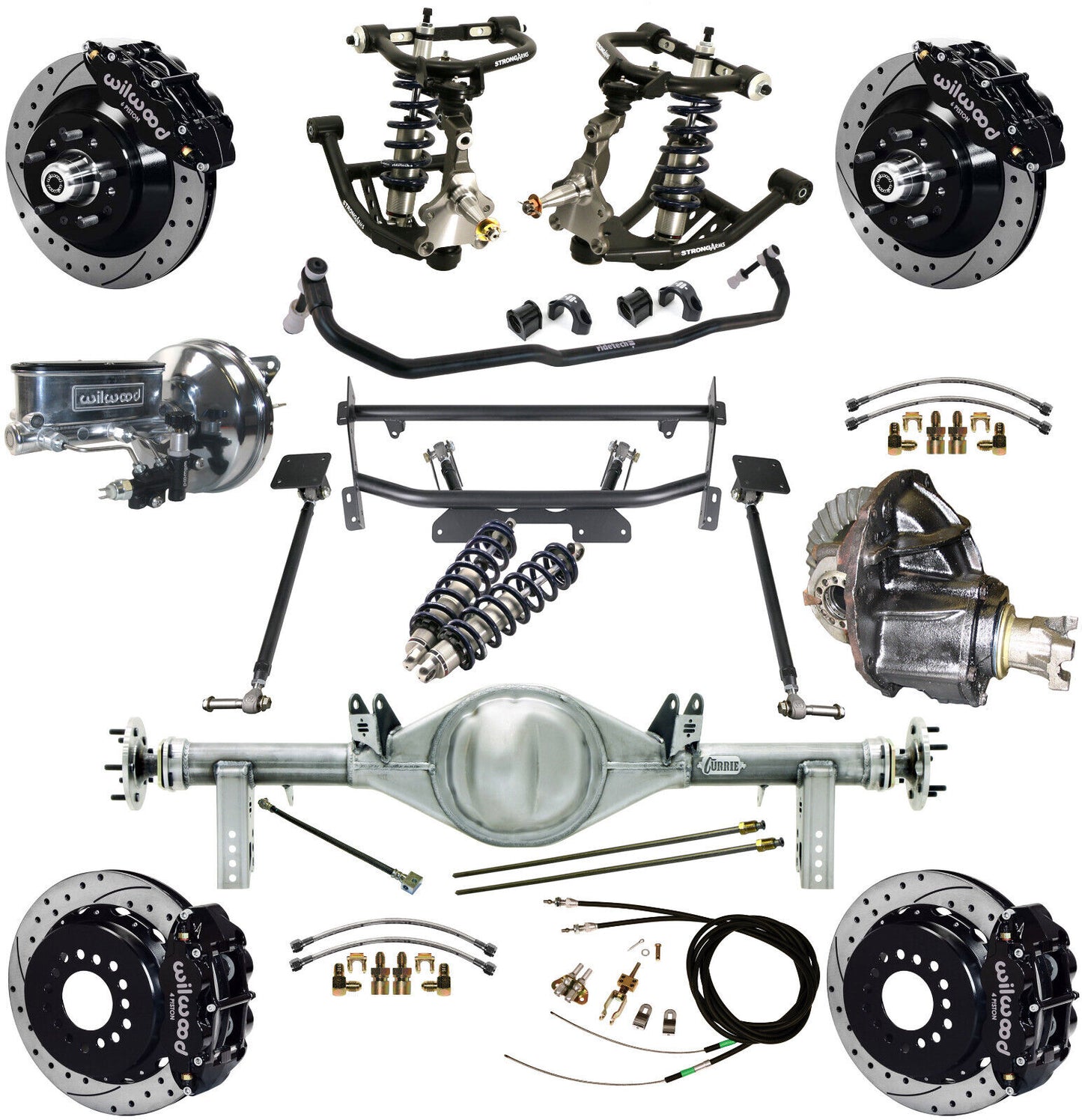COILOVER & 4-LINK SYSTEM,CURRIE REAR END,WILWOOD 13" DRILLED,BLACK,68-74 NOVA