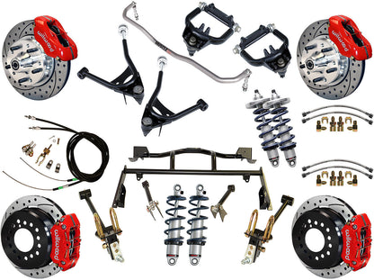COILOVER & 4-LINK SYSTEM,ARMS,WILWOOD 11" DRILLED BRAKES,RED CALIPERS,67-70 MERC