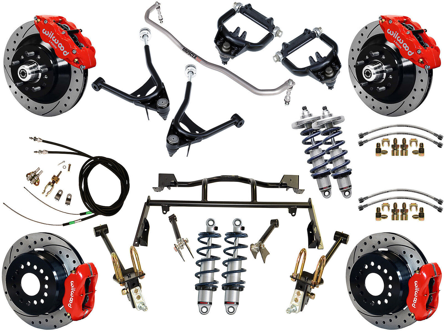 COILOVER & 4-LINK SYSTEM,ARMS,WILWOOD 13/12" DRILLED BRAKES,RED CALIPERS,67-70