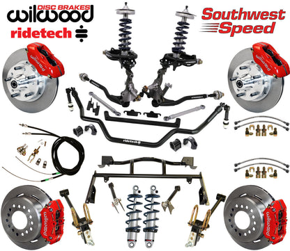 COILOVER & 4-LINK SYSTEM,ARMS,WILWOOD 11" BRAKES,RED CALIPERS,64-66 MUSTANG