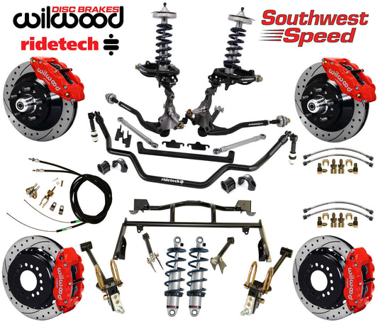 COILOVER & 4-LINK SYSTEM,ARMS,WILWOOD 13" DRILLED BRAKES,RED CALIPERS,64-66 FORD