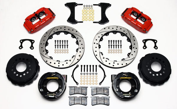 COILOVER & 4-LINK SYSTEM,ARMS,WILWOOD 13" DRILLED BRAKES,RED CALIPERS,64-66 FORD
