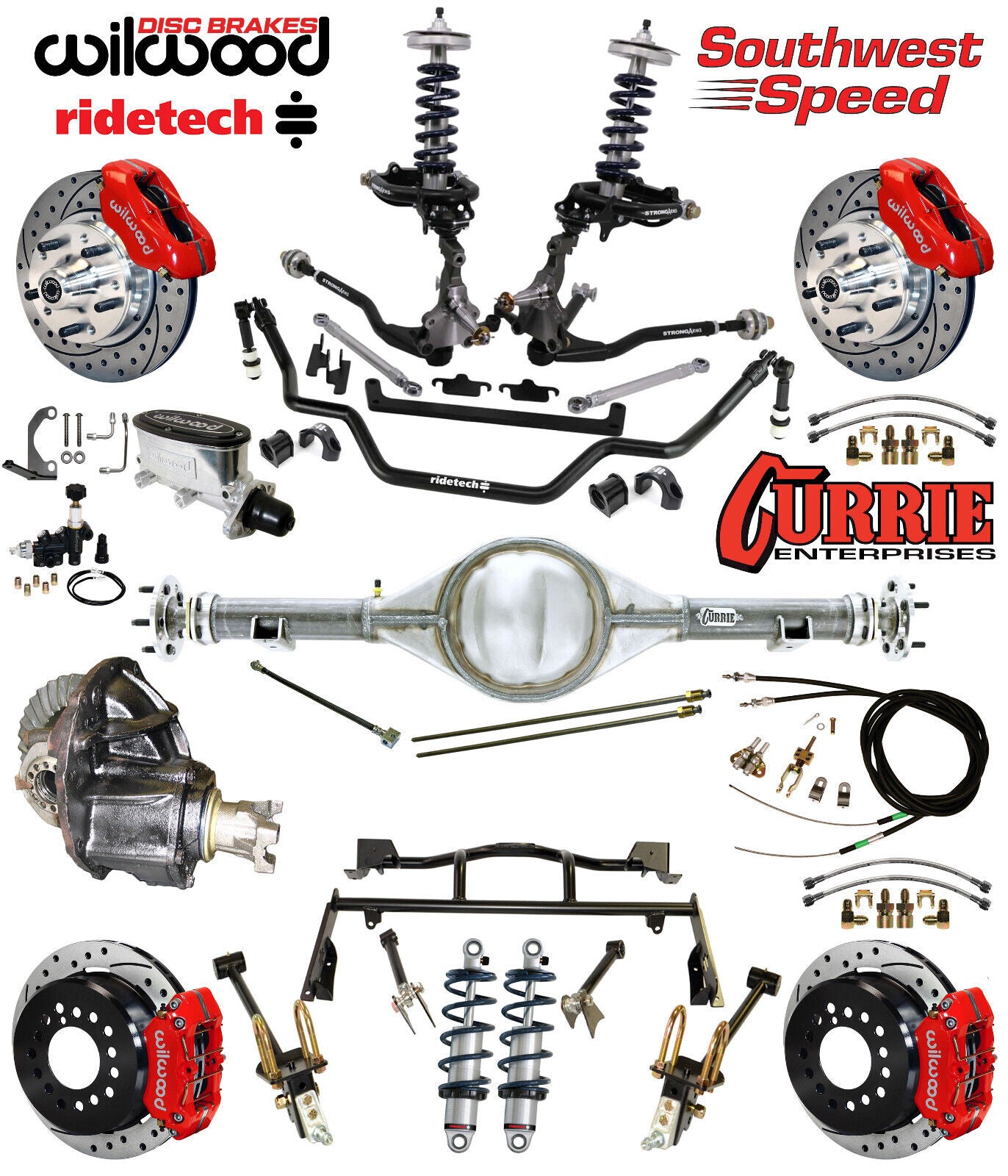 COILOVER & 4-LINK SYSTEM,CURRIE REAR END,WILWOOD 11" DRILLED BRAKES,RED,64-66