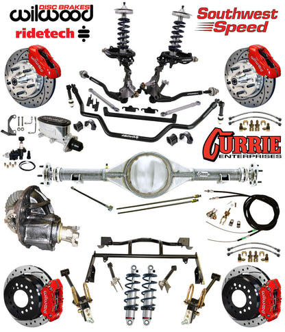 COILOVER & 4-LINK SYSTEM,CURRIE REAR END,WILWOOD 11" DRILLED BRAKES,RED,64-66