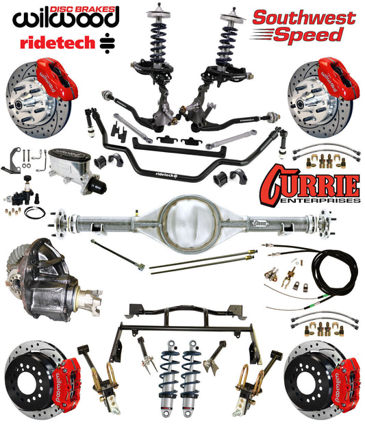 COILOVER & 4-LINK SYSTEM,CURRIE REAR END,WILWOOD 11" DRILLED BRAKES,RED,64-66