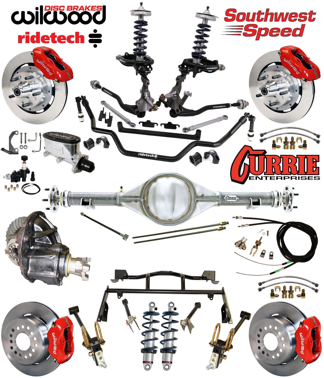 COILOVER & 4-LINK SYSTEM,CURRIE REAR END,WILWOOD 12" BRAKES,RED,64-66 MUSTANG