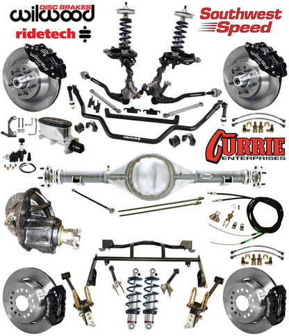 COILOVER & 4-LINK SYSTEM,CURRIE REAR END,WILWOOD 13"/12" BRAKES,BLACK,64-66 FORD