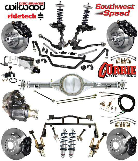 COILOVER & 4-LINK SYSTEM,CURRIE REAR END,WILWOOD 13"/12" BRAKES,BLACK,64-66 FORD