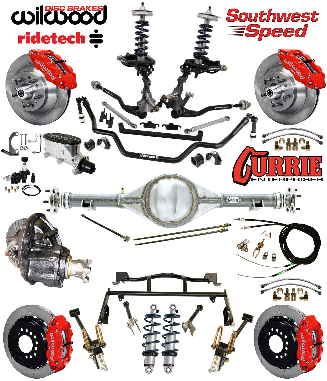 COILOVER & 4-LINK SYSTEM,CURRIE REAR END,WILWOOD 13" BRAKES,RED,64-66 MUSTANG