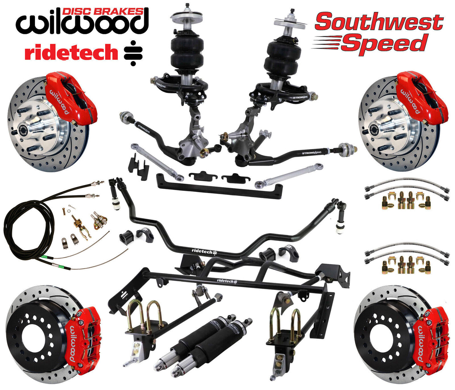 AIR RIDE & 4-LINK SYSTEM,ARMS,WILWOOD 11" DRILLED BRAKES,RED CALIPERS,64-66 FORD