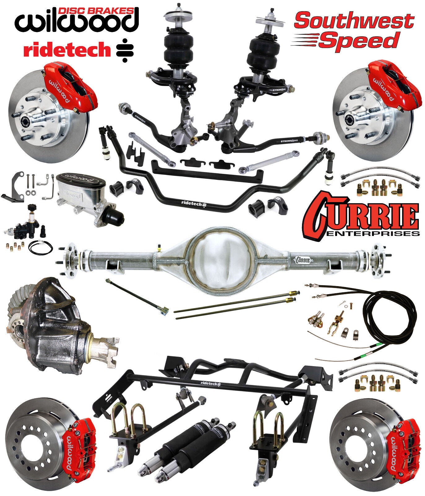 AIR RIDE & 4-LINK SYSTEM,CURRIE REAR END,WILWOOD 11" BRAKES,RED,64-66 MUSTANG