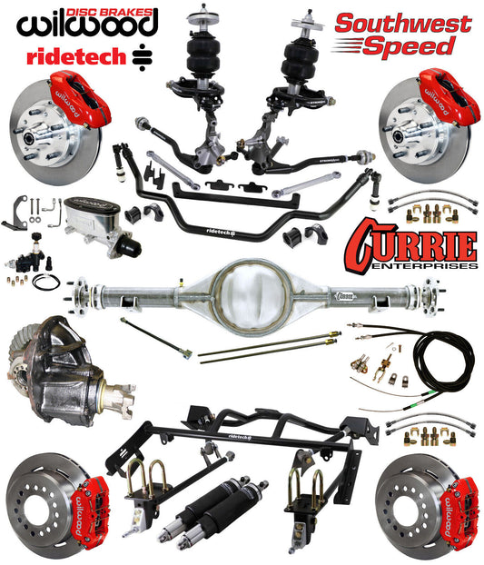 AIR RIDE & 4-LINK SYSTEM,CURRIE REAR END,WILWOOD 11" BRAKES,RED,64-66 MUSTANG