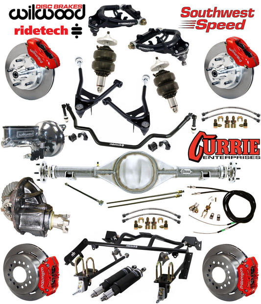AIR RIDE & 4-LINK SYSTEM,CURRIE REAR END,WILWOOD 11" BRAKES,RED,67-70 MUSTANG