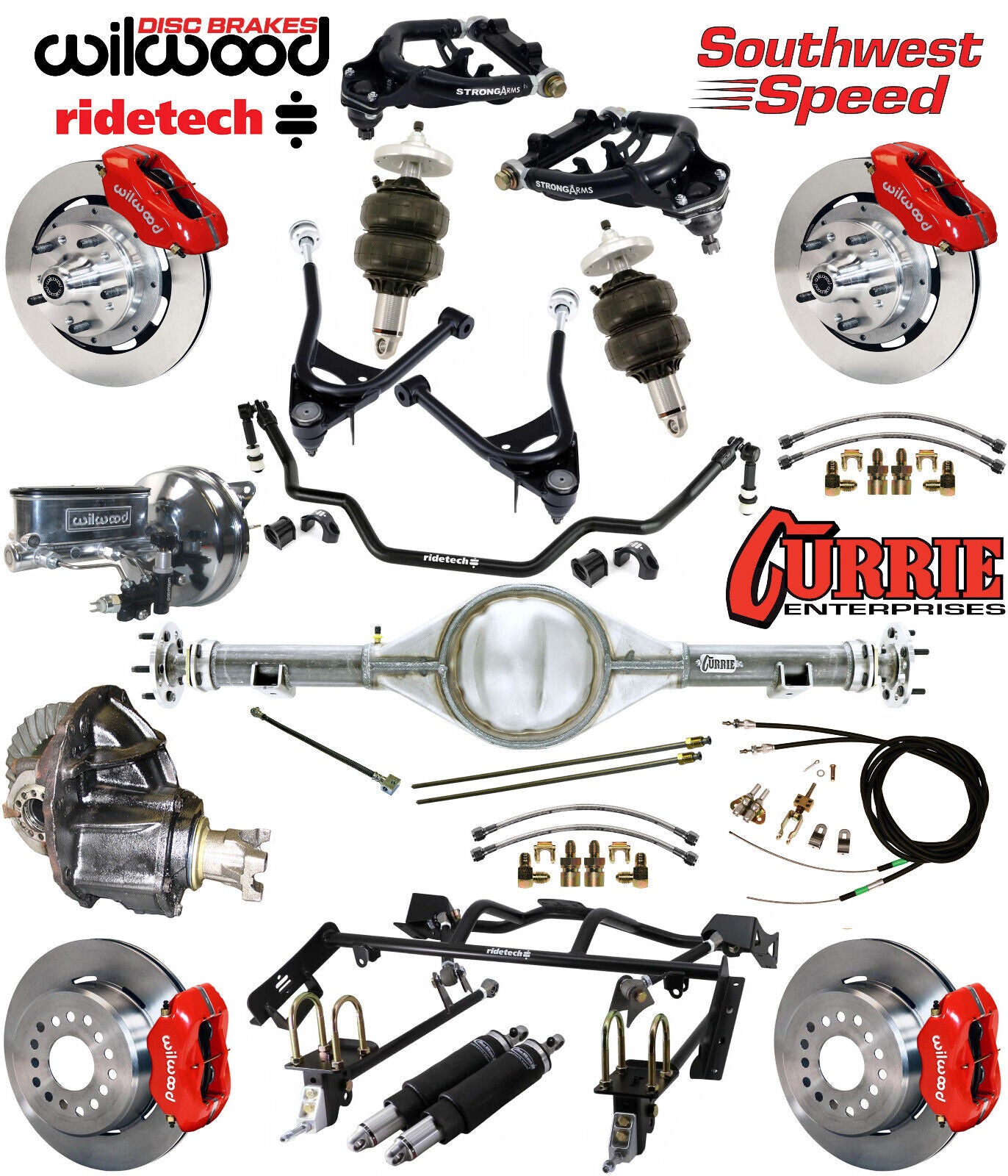 AIR RIDE & 4-LINK SYSTEM,CURRIE REAR END,WILWOOD 12" BRAKES,RED,67-70 MUSTANG