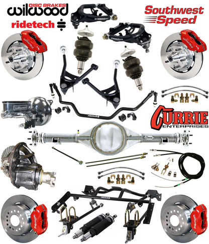 AIR RIDE & 4-LINK SYSTEM,CURRIE REAR END,WILWOOD 12" BRAKES,RED,67-70 MUSTANG