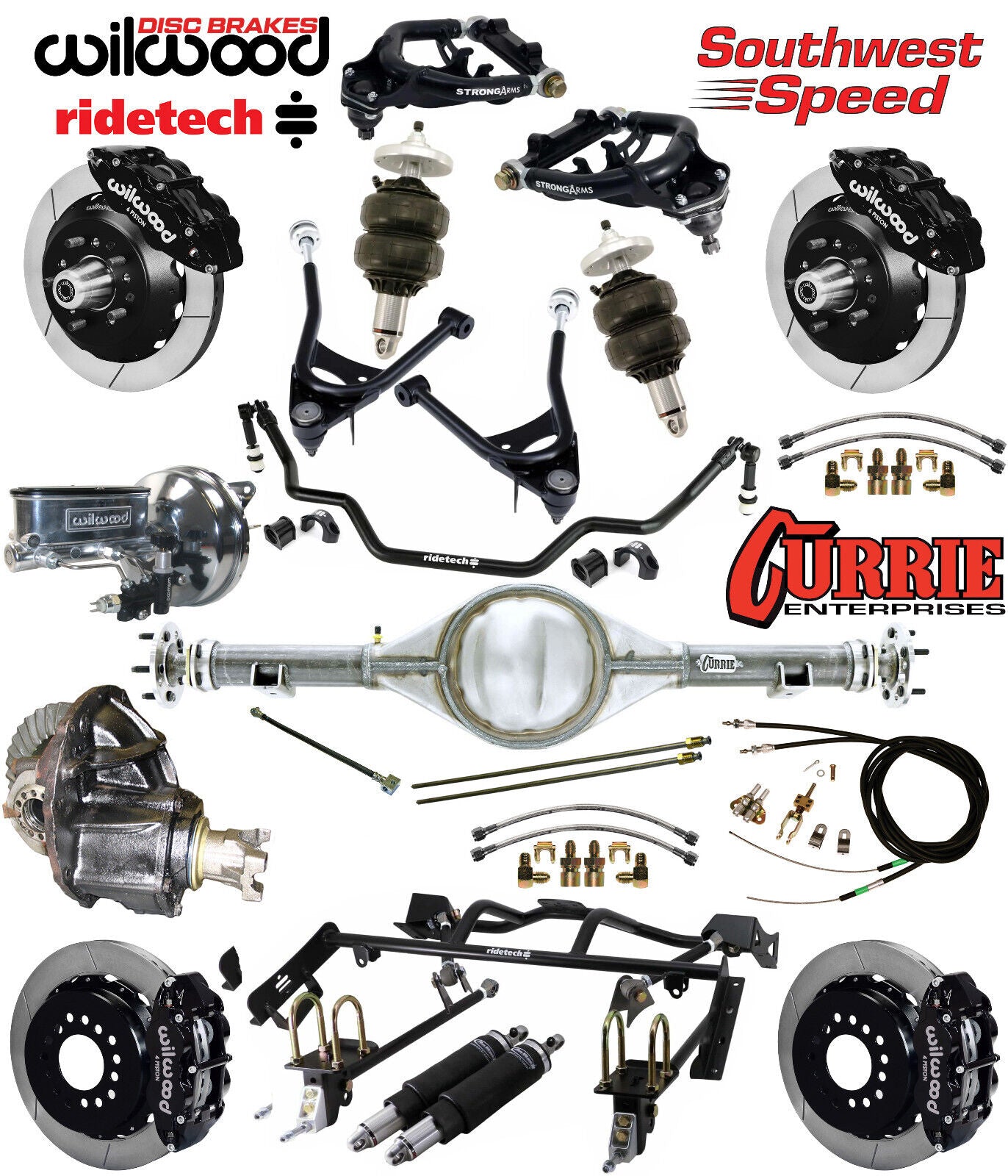 AIR RIDE & 4-LINK SYSTEM,CURRIE REAR END,WILWOOD 13" BRAKES,BLACK,67-70 MUSTANG
