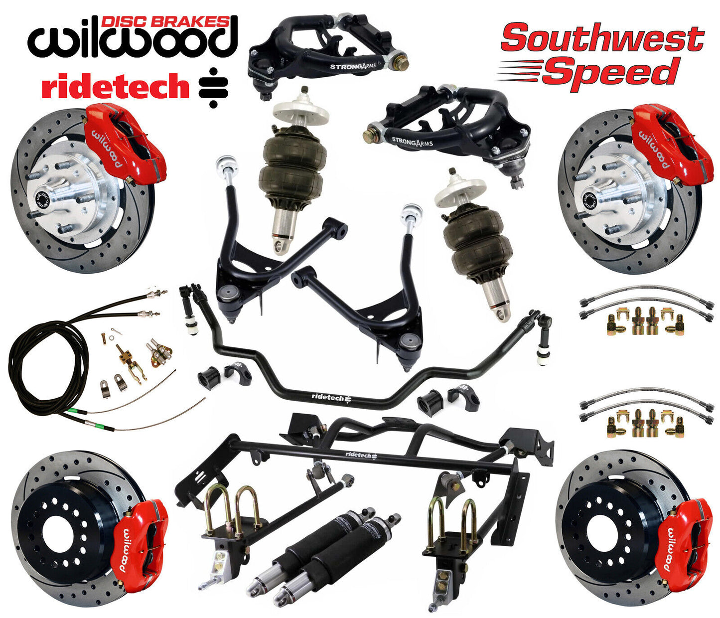 AIR RIDE & 4-LINK SYSTEM,ARMS,WILWOOD 12" DRILLED BRAKES,RED CALIPERS,67-70 COUG