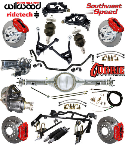 AIR RIDE & 4-LINK SYSTEM,CURRIE REAR END,WILWOOD 11" BRAKES,RED,67-70 COUGAR