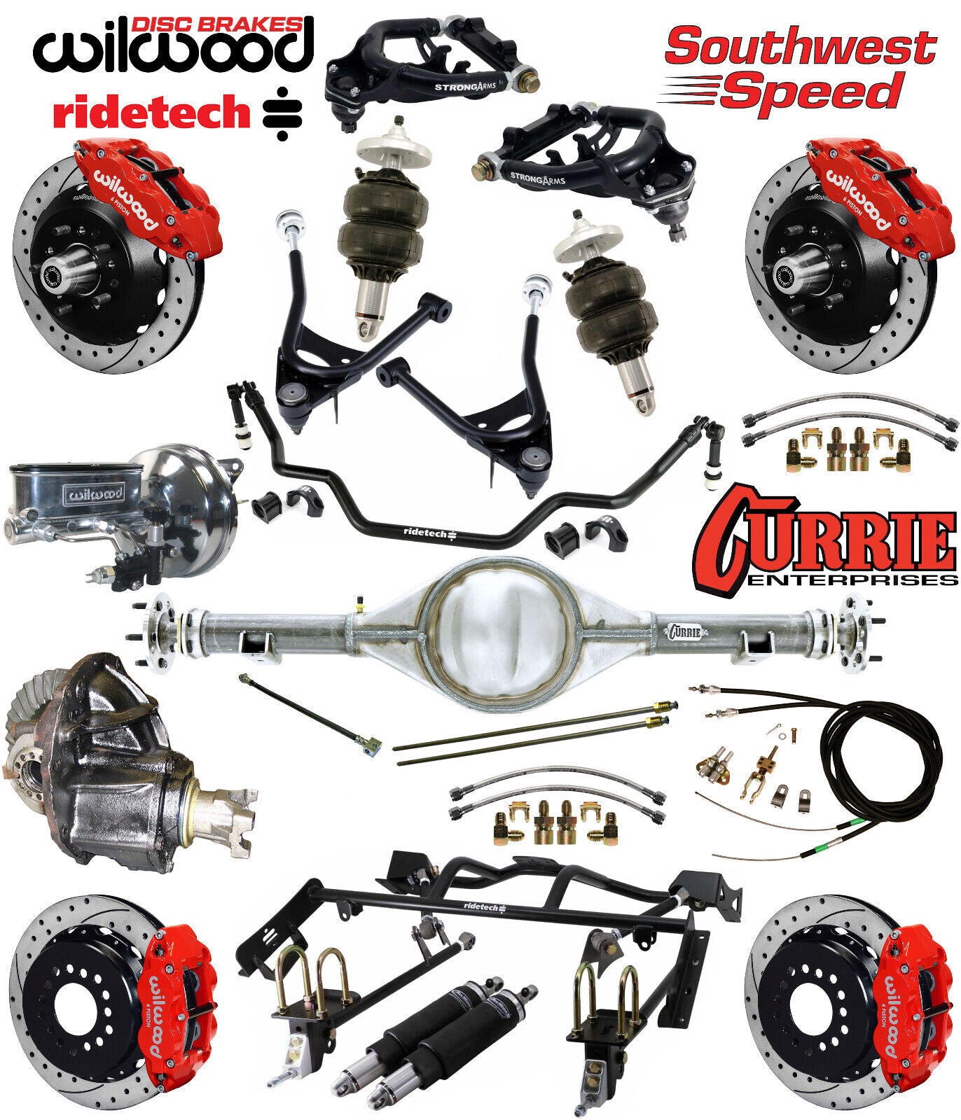 AIR RIDE & 4-LINK SYSTEM,CURRIE REAR END,WILWOOD 13" DRILLED BRAKES,RED,67-70
