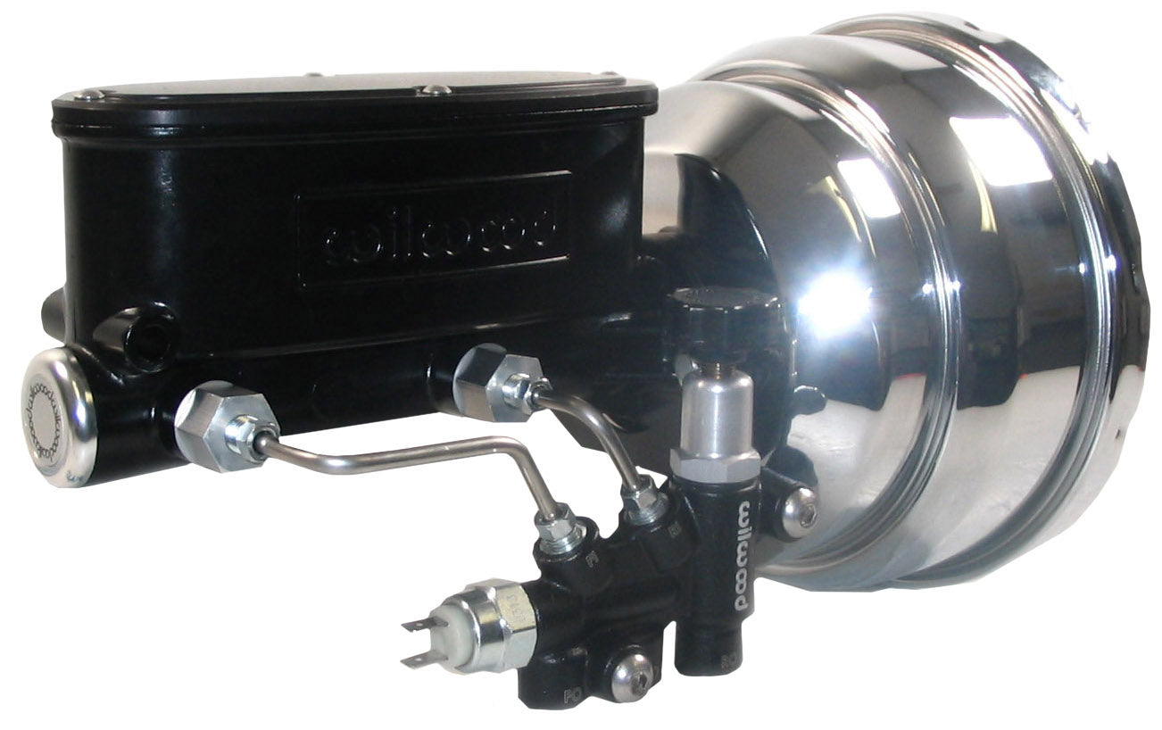 POWER BRAKE BOOSTER,CHROME,8" DUAL, & WILWOOD BLACK MASTER CYLINDER,PROP VALVE