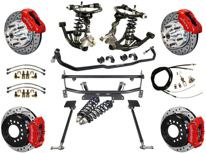 COILOVER & 4-LINK SYSTEM,WILWOOD 11" DRILLED BRAKES,RED CALIPERS,68-74 NOVA