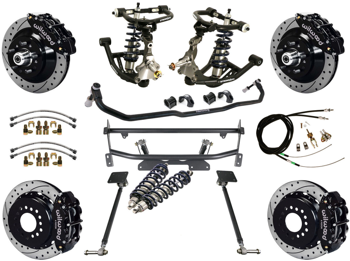 COILOVER & 4-LINK SYSTEM,WILWOOD 13" DRILLED BRAKES,BLACK CALIPERS,68-74 NOVA