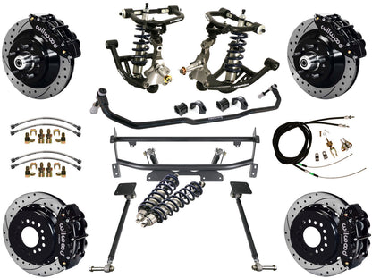 COILOVER & 4-LINK SYSTEM,WILWOOD 13" DRILLED BRAKES,BLACK CALIPERS,68-74 NOVA
