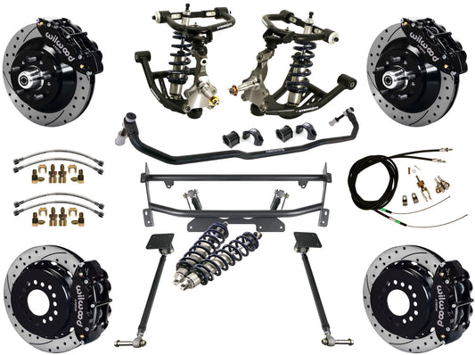 COILOVER & 4-LINK SYSTEM,WILWOOD 13" DRILLED BRAKES,BLACK CALIPERS,68-74 NOVA