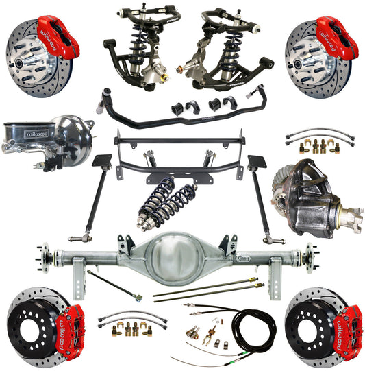 COILOVER & 4-LINK SYSTEM,CURRIE REAR END,WILWOOD 11" DRILLED,RED,68-74 NOVA