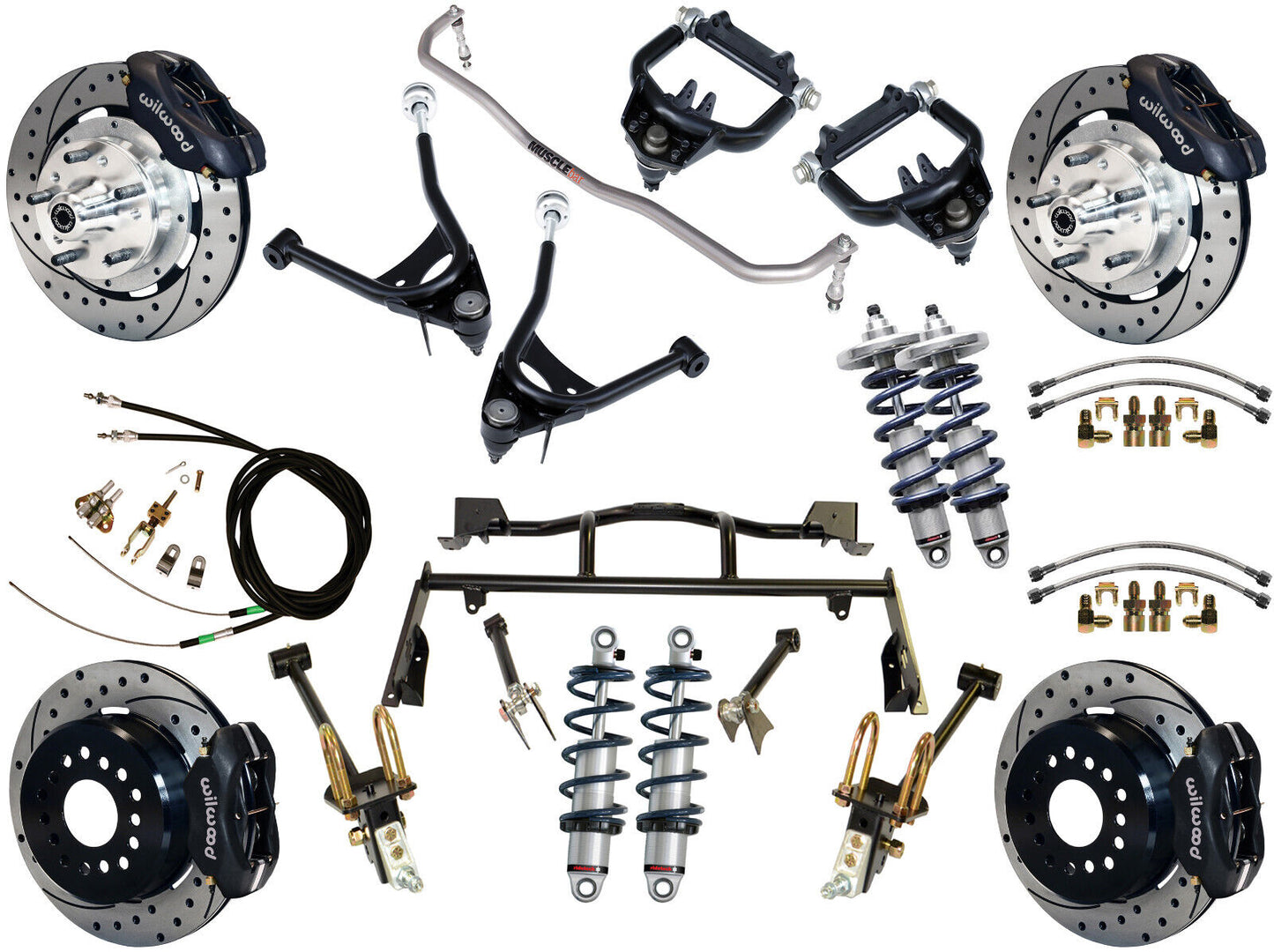 COILOVER & 4-LINK SYSTEM,ARMS,WILWOOD 12" DRILLED BRAKES,BLACK CALIPERS,67-70