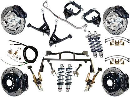 COILOVER & 4-LINK SYSTEM,ARMS,WILWOOD 12" DRILLED BRAKES,BLACK CALIPERS,67-70