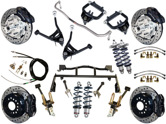 COILOVER & 4-LINK SYSTEM,ARMS,WILWOOD 12" DRILLED BRAKES,BLACK CALIPERS,67-70