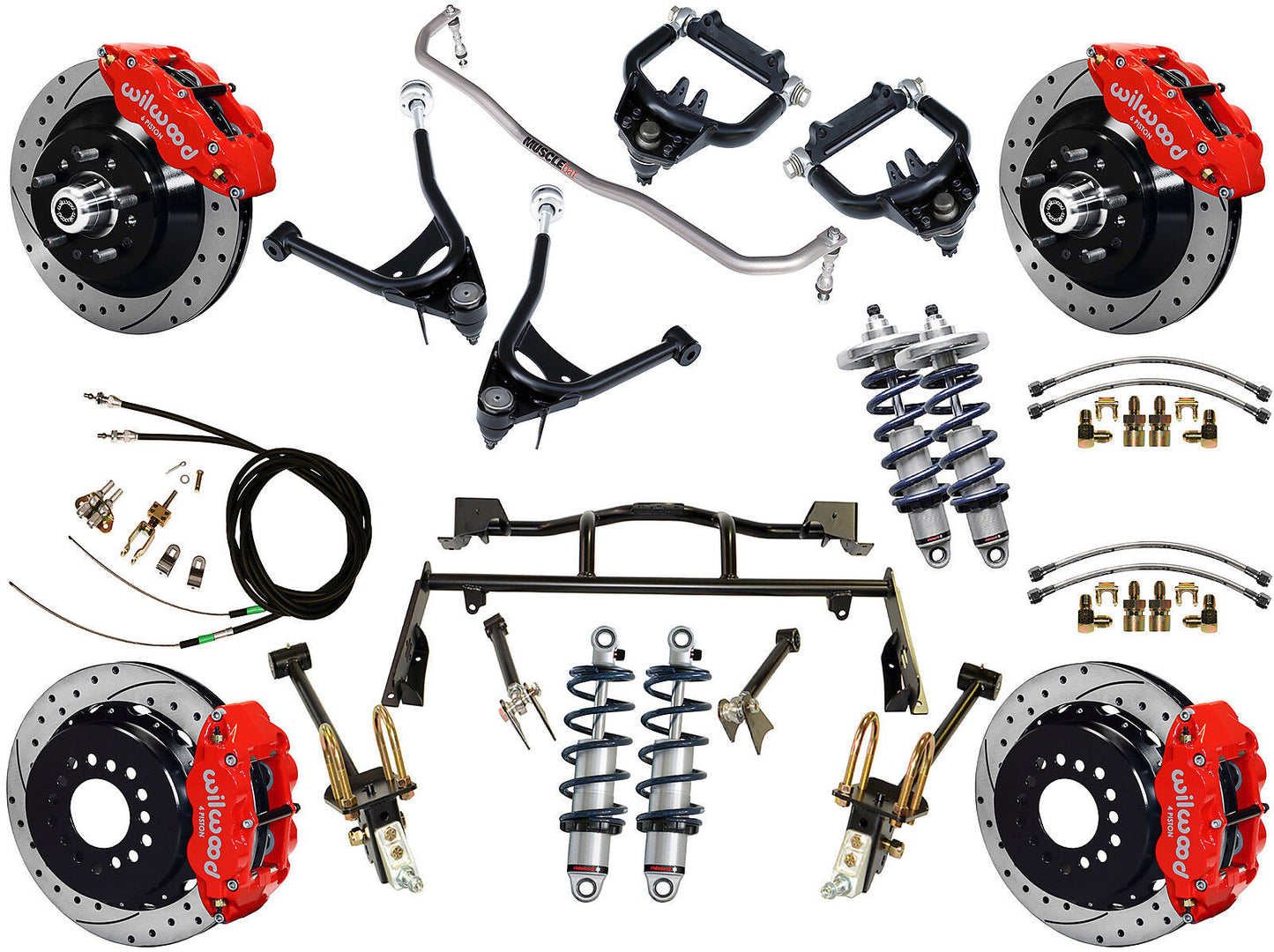 COILOVER & 4-LINK SYSTEM,ARMS,WILWOOD 13" DRILLED BRAKES,RED CALIPERS,67-70 MERC