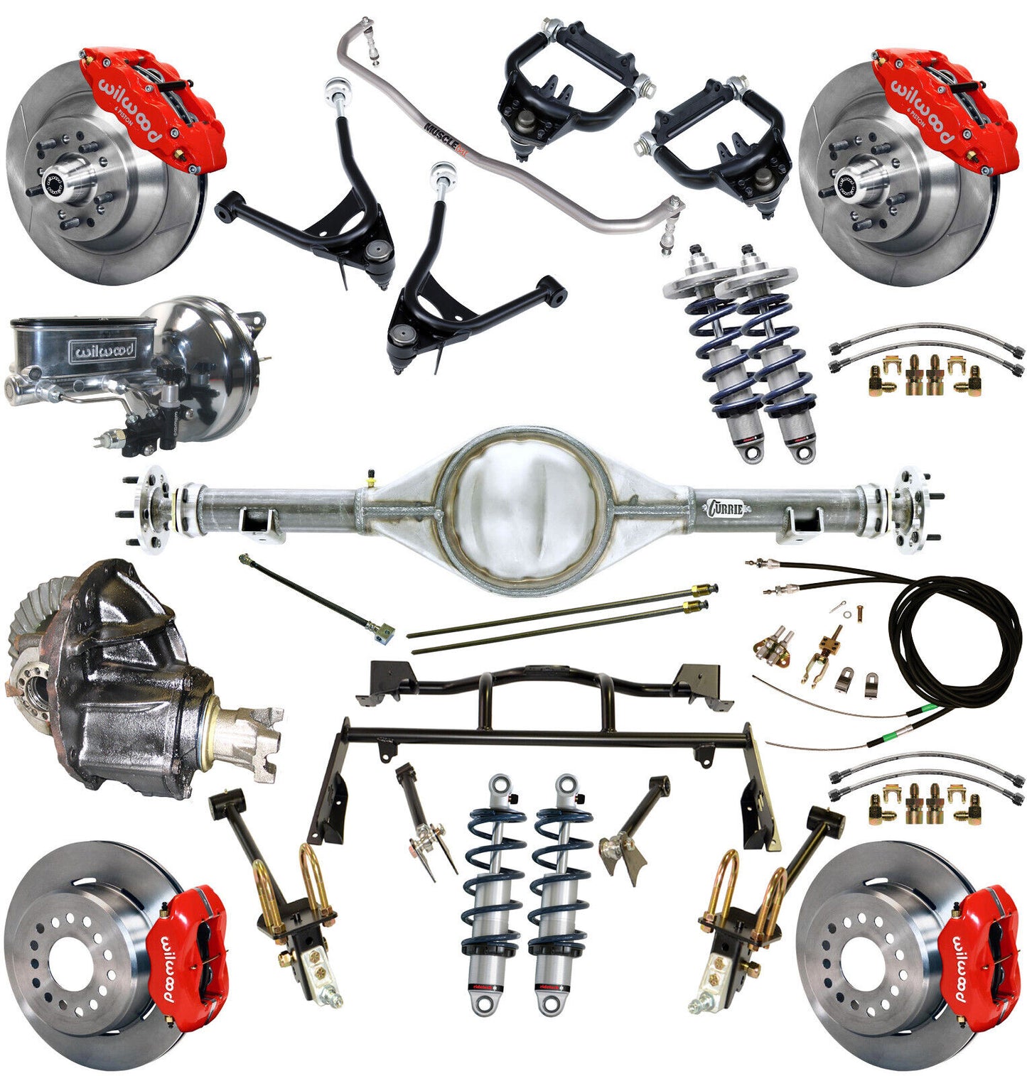 COILOVER & 4-LINK SYSTEM,CURRIE REAR END,WILWOOD 13"/12" BRAKES,RED,67-70 COUGAR