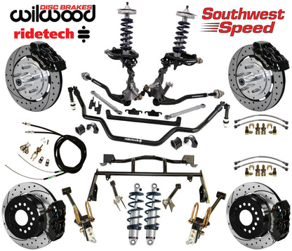 COILOVER & 4-LINK SYSTEM,ARMS,WILWOOD 12" DRILLED BRAKES,BLACK CALIPERS,64-66
