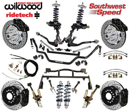 COILOVER & 4-LINK SYSTEM,ARMS,WILWOOD 12" DRILLED BRAKES,BLACK CALIPERS,64-66