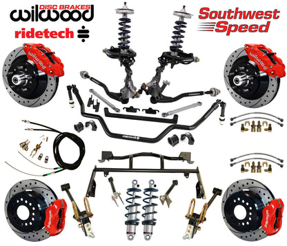 COILOVER & 4-LINK SYSTEM,ARMS,WILWOOD 13/12" DRILLED BRAKES,RED CALIPERS,64-66