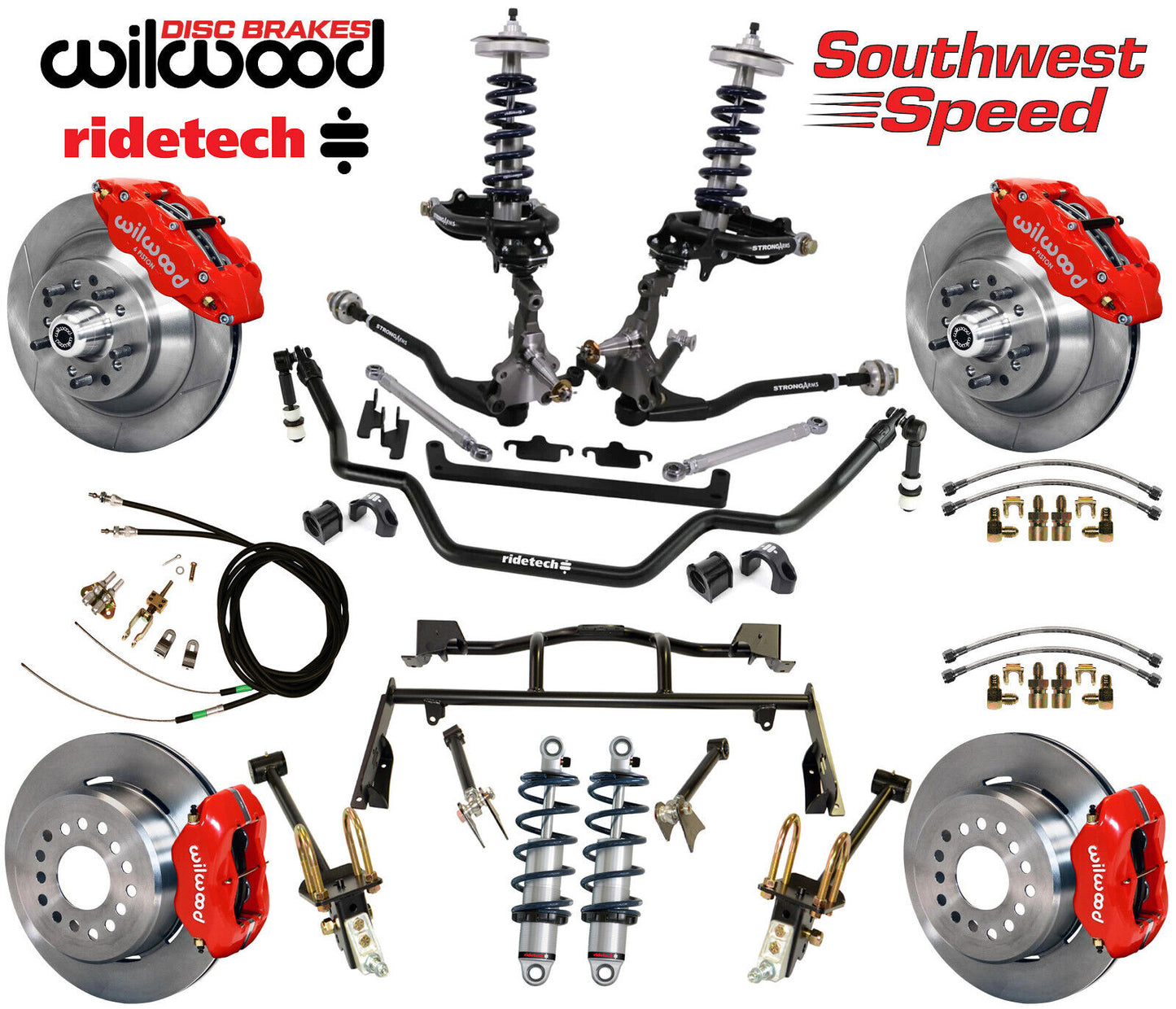 COILOVER & 4-LINK SYSTEM,ARMS,WILWOOD 13/12" BRAKES,RED CALIPERS,64-66 MUSTANG