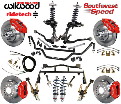COILOVER & 4-LINK SYSTEM,ARMS,WILWOOD 13/12" BRAKES,RED CALIPERS,64-66 MUSTANG