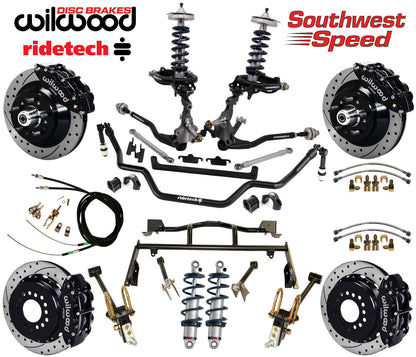 COILOVER & 4-LINK SYSTEM,ARMS,WILWOOD 13" DRILLED BRAKES,BLACK CALIPERS,64-66