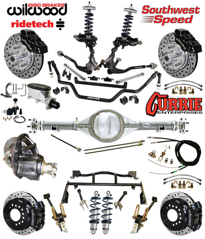 COILOVER & 4-LINK SYSTEM,CURRIE REAR END,WILWOOD 11" DRILLED BRAKES,BLACK,64-66